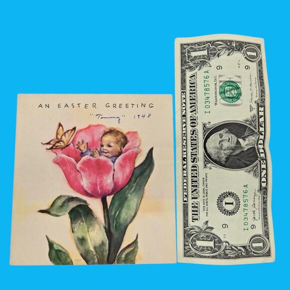 1947 Marjorie Cooper Easter Baby Inside Tulip Butterfly Vintage Rust Craft Card - Picture 4 of 10